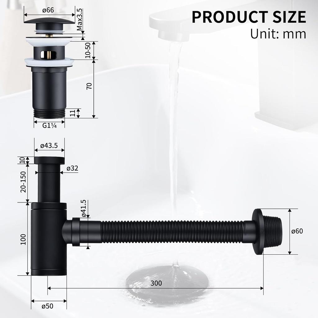 Design Siphon with Pop Up Valve Drain Fitting for Sink Black Matt, Universal Brass Siphon, Sink Plug,Odor Closure with Cleaning Opening
