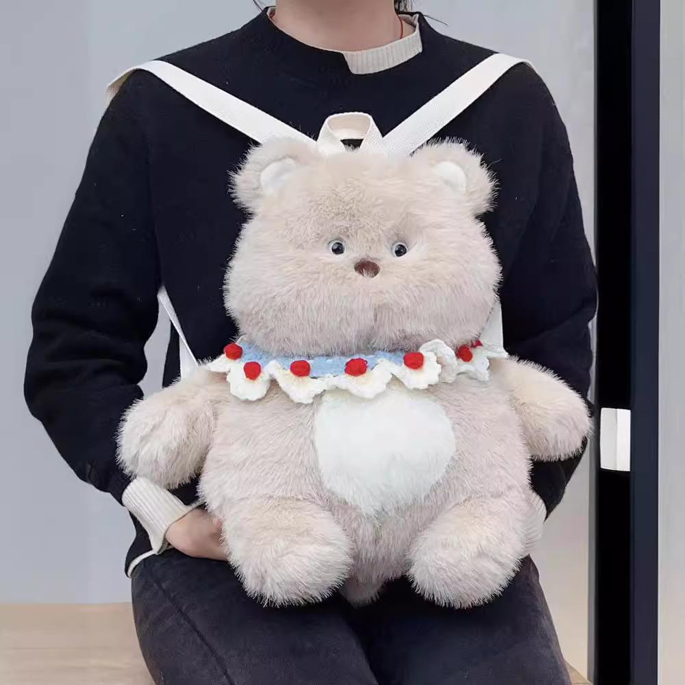 With Bear Rabbit Bib Plush Toy Backpack Stuffed Doll Cartoon Gift Decoration