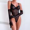 Women’s Sexy Slim-Fit Sheer Butt-Lifting Bodysuit with Gloves, Simple One-Piece Erotic Lingerie