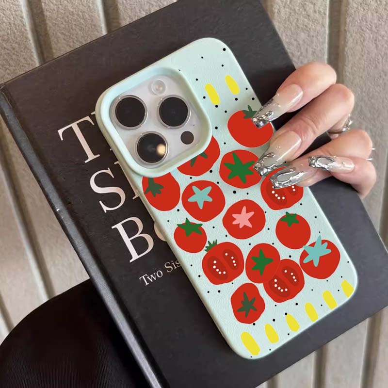 Case For iPhone 11 12 13 14 15 16 Pro Max New Ins Creative Tomato Print Lichee Pattern Cover For iPhone XS Max X XR 16 Plus 16e