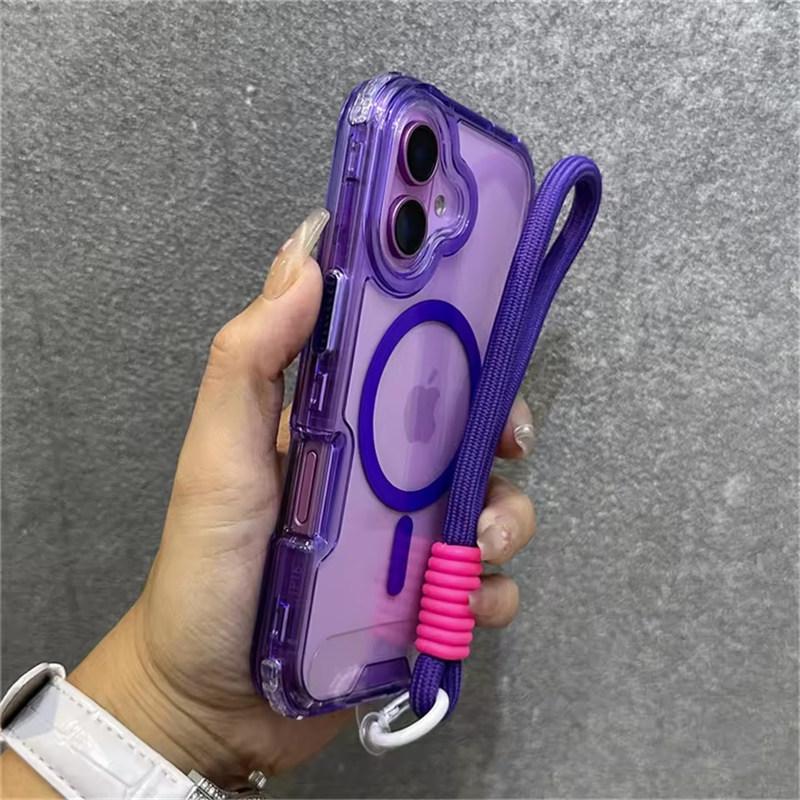 Luxury With Lanyard Clear For Magsafe Phone Case For iPhone 14 11 12 13 15 16 Pro Max Shockproof Armour Wrist Strap Back Cover