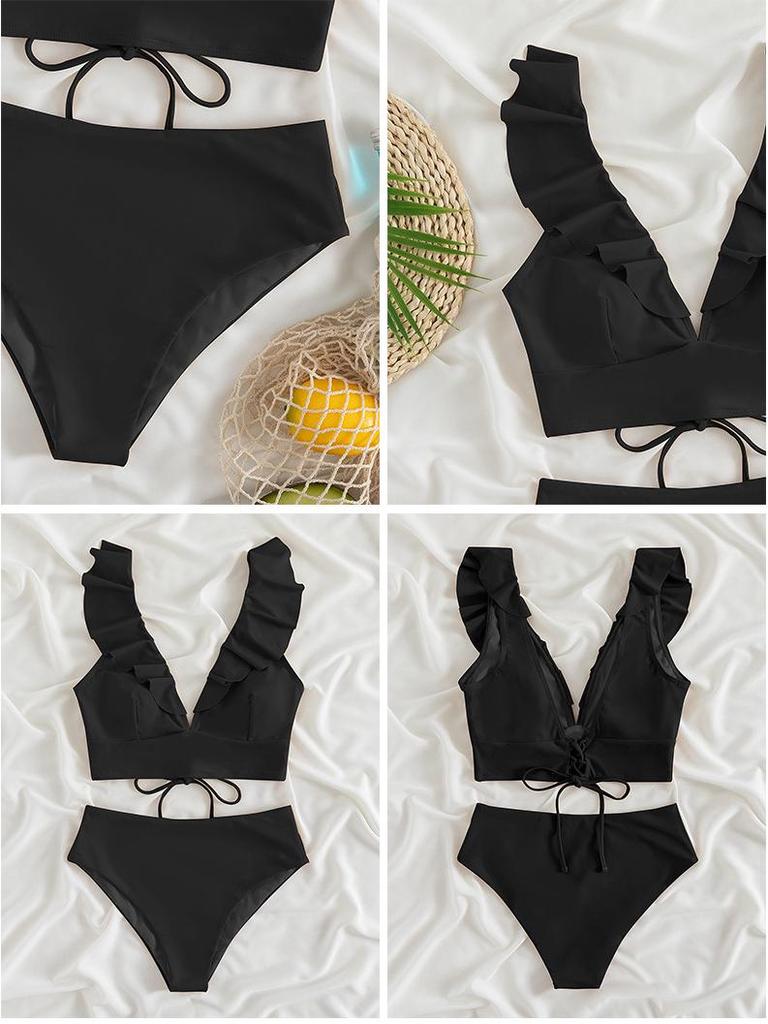 Multicolor Ruffle V-Neck High Waist Bikini - Women's European & American Beach Swimwear