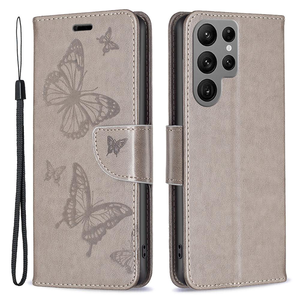 

For Samsung Galaxy S24 Ultra Case Butterfly Imprinted Stand Leather Wallet Cover Grey