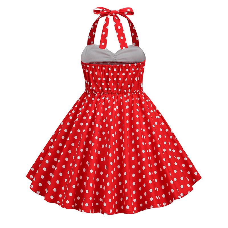 Girls' Fashionable High-Waisted Halter-Neck Patchwork Polka Dot Retro Dress For Summer