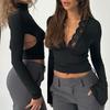 Haut court à manches longues pour femme, chemisier sexy à col en V profond en dentelle, coupe ajustée, décontracté, basique, coupe basse, chemise de sortie pour le printemps et l'automne