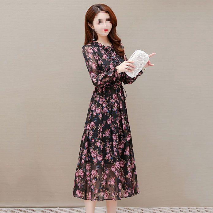 Women's Mid-Length Floral Chiffon Spring Dress - Waist-Slimming, Over-the-Knee, Long-Sleeved Fashion