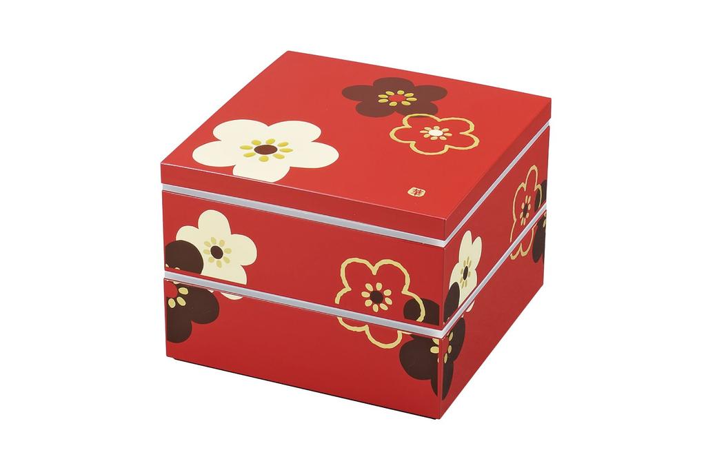HAKOYA Square Box with Vermilion Flower Pattern and Plum Blossom 54668 19.5mm Double-Tiered Stickers, Design,