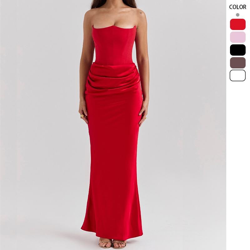 

Red strapless bone sexy slim fish tail fish tail skirt long solid color dress for women S