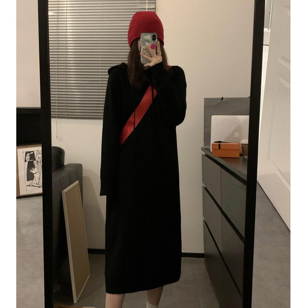 Korean-Style Thick Knit Hooded Sweater Dress for Women - Soft, Loose, Perfect for Autumn and Winter