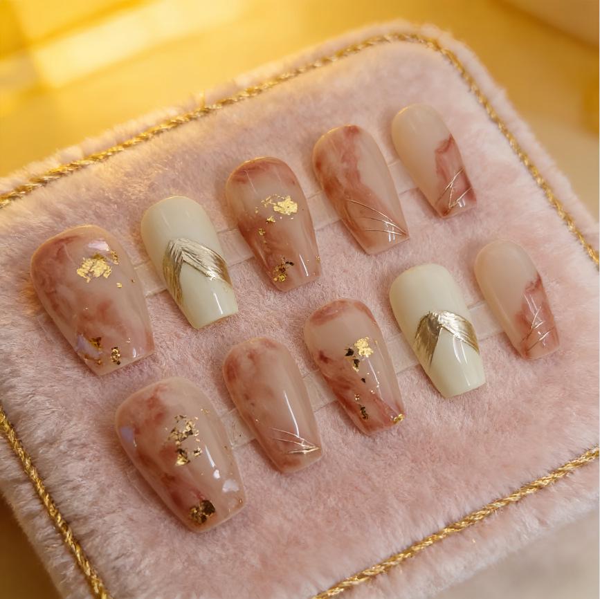Gold Leaf Gilded Amber Glass Marbling Mirror Powder Press-On Nails - Pure Handmade Luxury