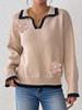 Women Solid Color Floral Embroidered Sweater Contrast Polo Collar Long Sleeve Loose Fit Knit Top