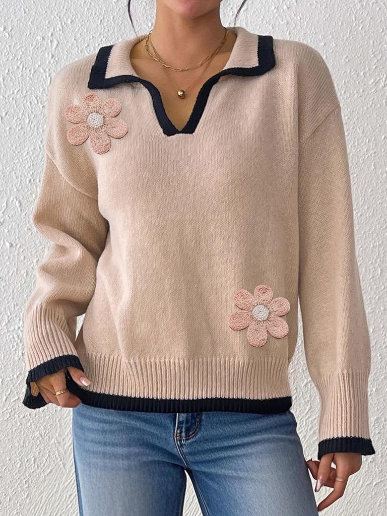 Women Solid Color Floral Embroidered Sweater Contrast Polo Collar Long Sleeve Loose Fit Knit Top