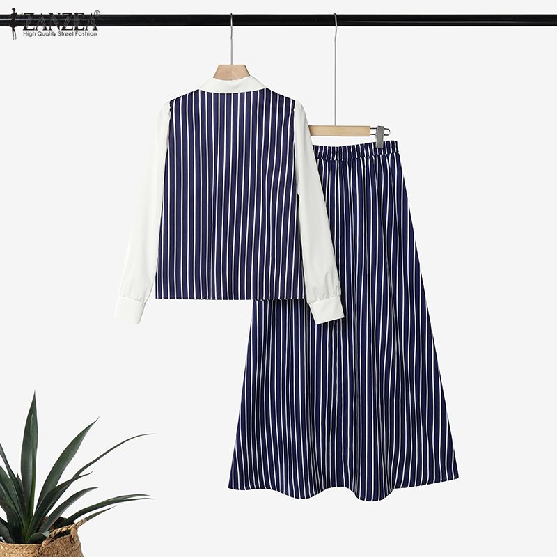 ZANZEA Women Splice Long Sleeve Blouse and Long Skirts Stripe Print Two Piece Sets