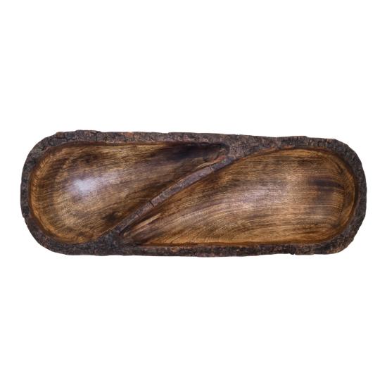 Divit Shilp Natural Wooden Tray, Serving Bowl for Salad, Veggies and Fruits, Large Deep Tray for Family, Party (Bark Edge Divided Tray)