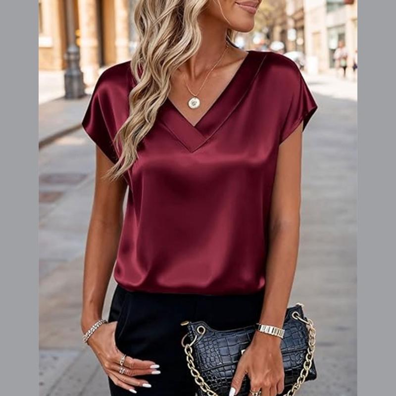 Damen Oberteile Mode Lässig V-Ausschnitt Kurzarm Bluse Business Lässige Oberteile Satin Seide Sommerhemd Arbeits Tuniken Oberteile