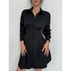 Women's Elegant Turn Down Collar Long Sleeve Knee-Length Button Down Shirt Dress Slim Waist Pleated Mini Dresses