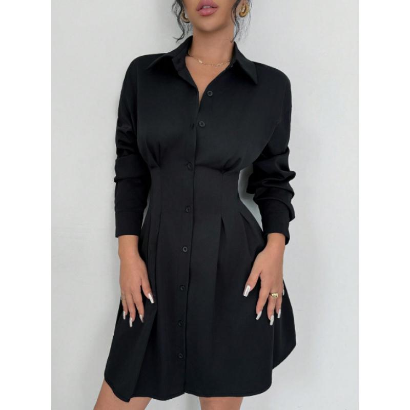 Women's Elegant Turn Down Collar Long Sleeve Knee-Length Button Down Shirt Dress Slim Waist Pleated Mini Dresses