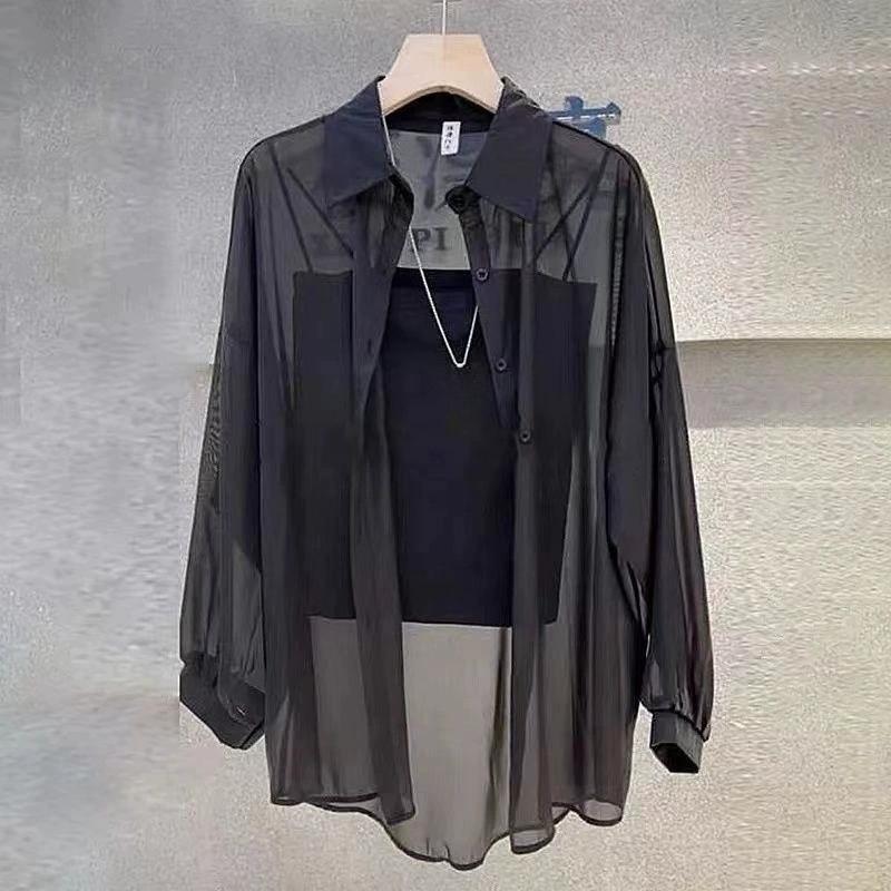 

Plus Size Women’s Tops Summer Breathable and Sun-Proof Ice Silk Button Thin Loose Sheer Chiffon Blouses Shirts Long Sleeve XS чёрный