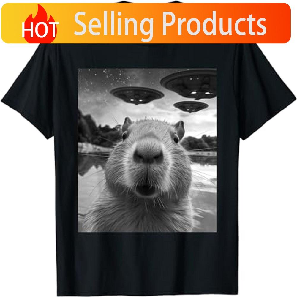 Funny Graphic Tee Capybara Selfie with UFOs Weird TShirt 80154