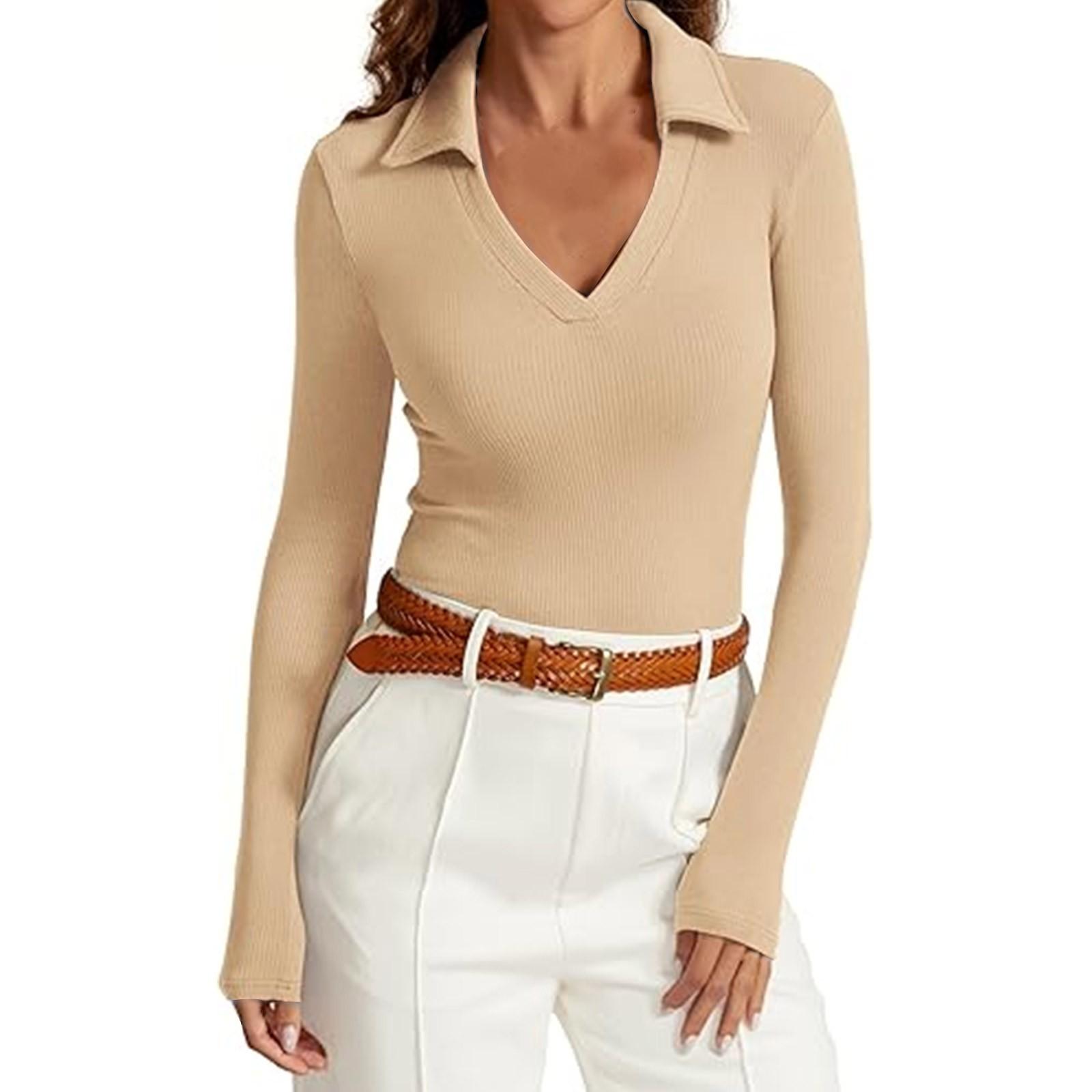 

Женский повседневный универсальный топ с V-образным вырезом, однотонный, с лацканами, с длинными рукавами, свободный топ с длинными рукавами M хаки