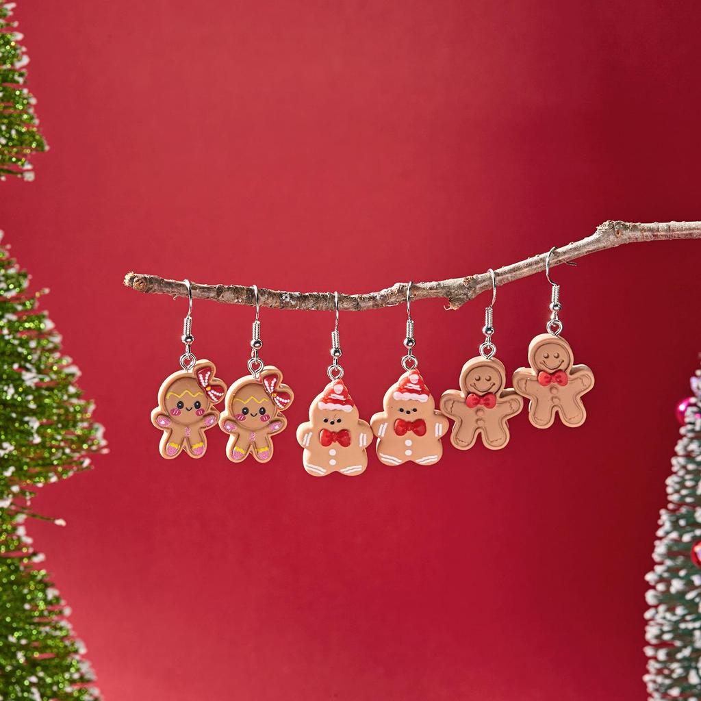 Cute Gingerbread Man Cartoon Christmas Earrings with Resin Bow