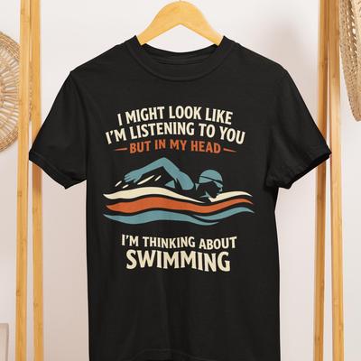 Funny Swimmer Shirt: Thinking About Swimming Retro Graphic Tee