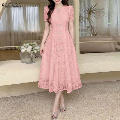Women Elegant Lace Patchwork Casual Short Sleeve Long Dress