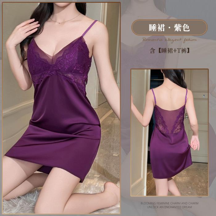 

Summer women s suspender nightgown simulation silk sexy lace V-neck silk with chest pad cool ice silk pajamas 175(XXL) фіолетовий