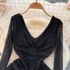 Women Casual Sleeve Long Neck V Solid Color Dress Waist High A Line Sheath Spring Elastic Mini