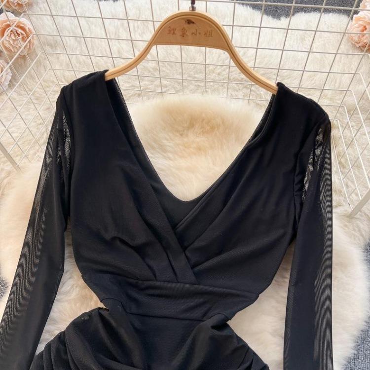 Women Casual Sleeve Long Neck V Solid Color Dress Waist High A Line Sheath Spring Elastic Mini