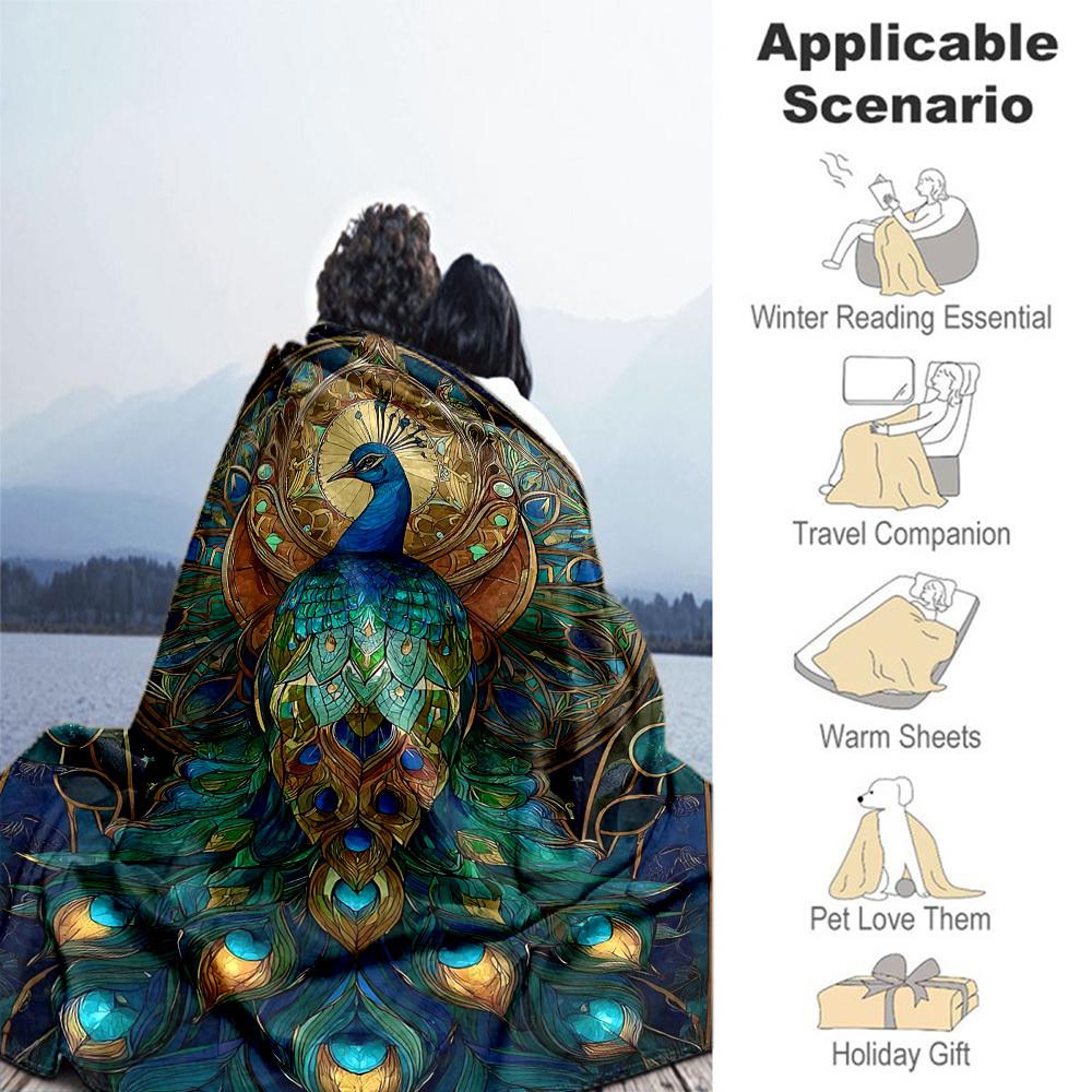 1PC Peacock Stained Glass Outdoor Flannel Blanket  Soft Plush Decor for Picnics, camping,Bedroom, Playroom, Lightweight , All Season1194A