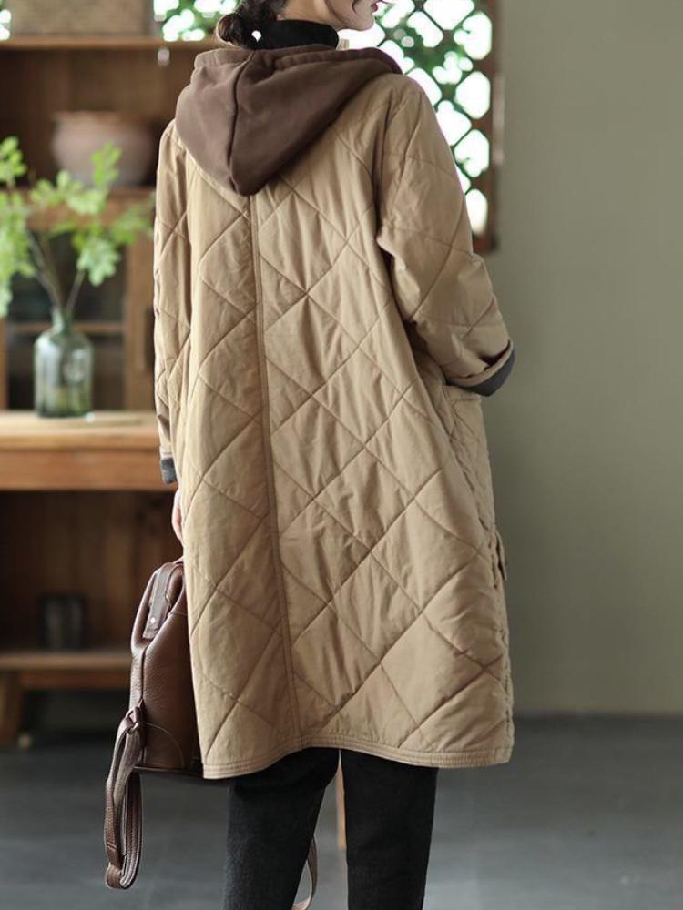 Toamnă Vintage Plus Size Palton rombic cu glugă Femei Iarnă Nouă Jachetă din bumbac Largi Casual Lungime mijlocie Jachete din bumbac căptușite în contrast de culoare