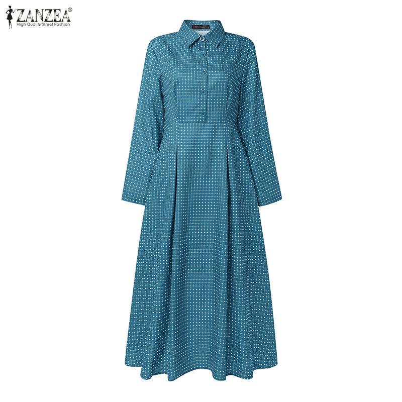 ZANZEA Women Casual Turn Down Collar Long Sleeve Grid Print A-Line Dress