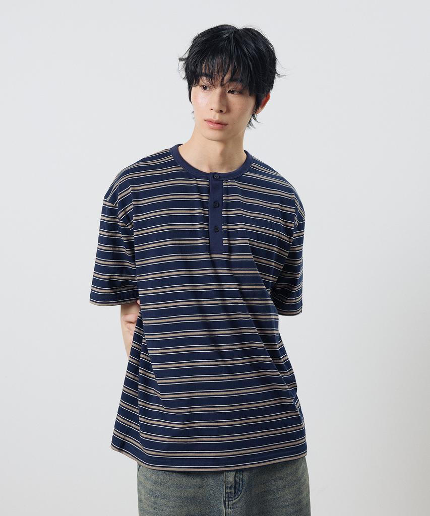 Dibsenseu Striped Henley Neck Short Sleeve T-Shirt - Blue