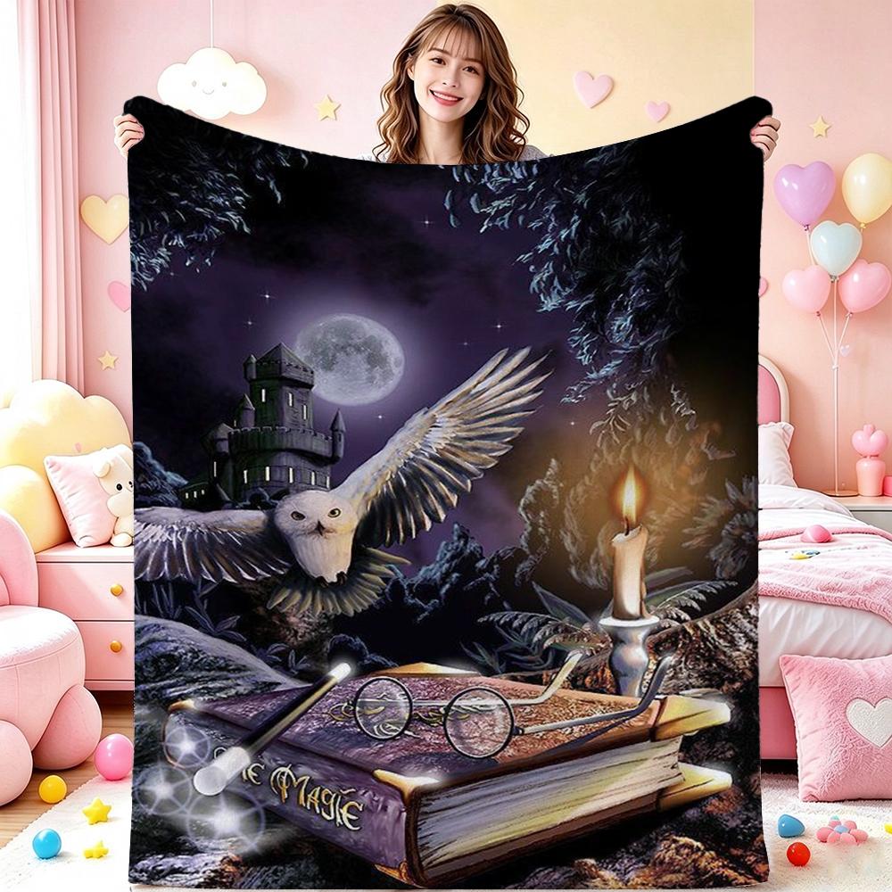 Wizard'S Magical Night Pattern Theme Flannel Blanket Suitable For All Seasons For Living Room Bedroom Gaming Room Lightweight Home Decor