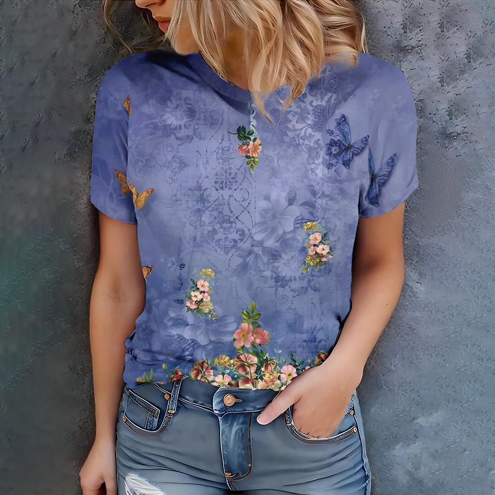 Fashionable Women s Summer New Style Fashionable Purple Printed Round Neck Short Sleeved Top Elegant Casual T-shirt S