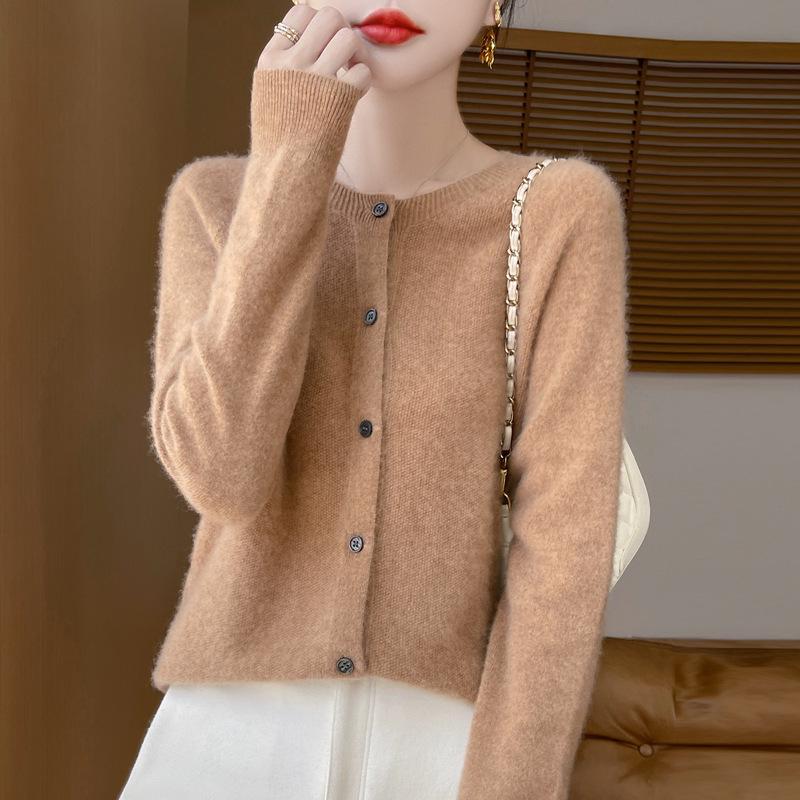 2025 Autumn/Winter Women's Seamless Cashmere Crew Neck Sweater - High-end Pure Wool Knitted Cardigan