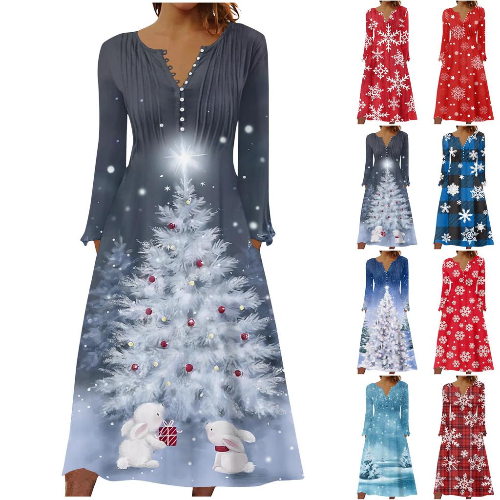 Fashion Women's Casual Fashion Print Pocket V-neck Pullover Long Sleeve Dress