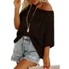 Top Sexy de Verano de Manga Cinco Cuartos con Aberturas y Calado, Jersey de Punto para Mujer