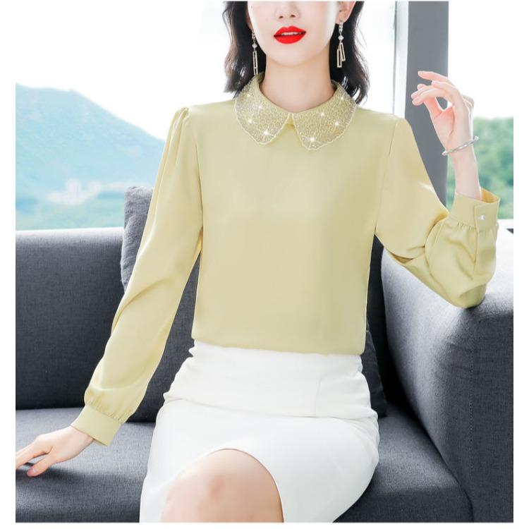 Elegant Rhinestone Long Sleeve Shirt Loose Fit Women Blouse Spring Autumn Trendy Plus Size Top Slimming