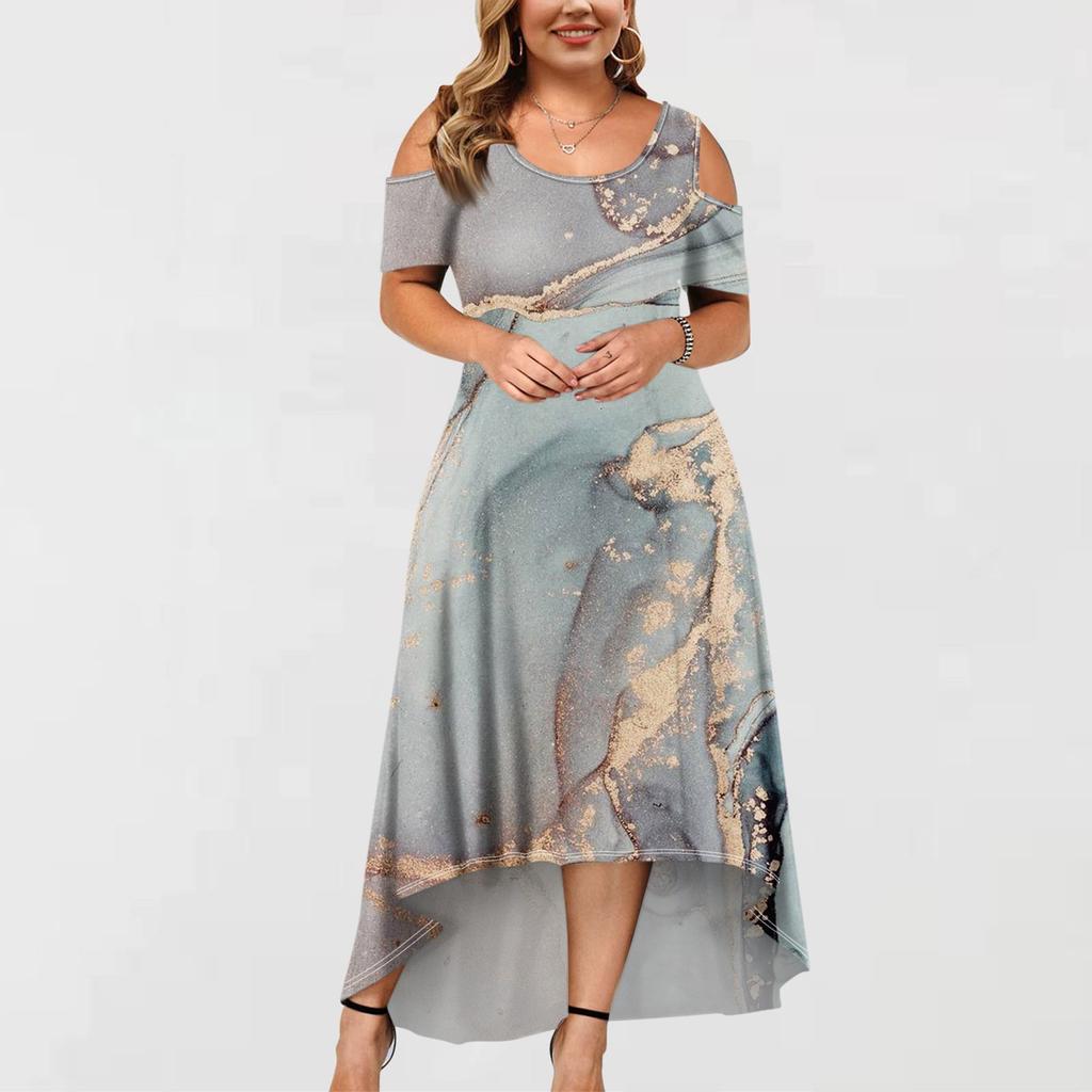 Women's Casual Fashion Printed Dress Round Neck Short Sleeve Pullover Dresses