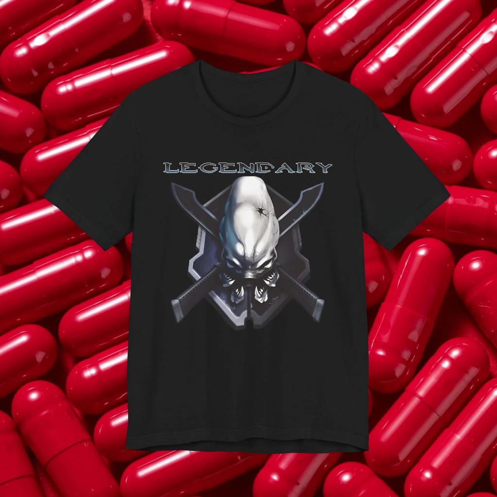 Legendary Text Elite Skull Halo T-shirt | Crossed Swords Gamer FPS Graphic Tee
