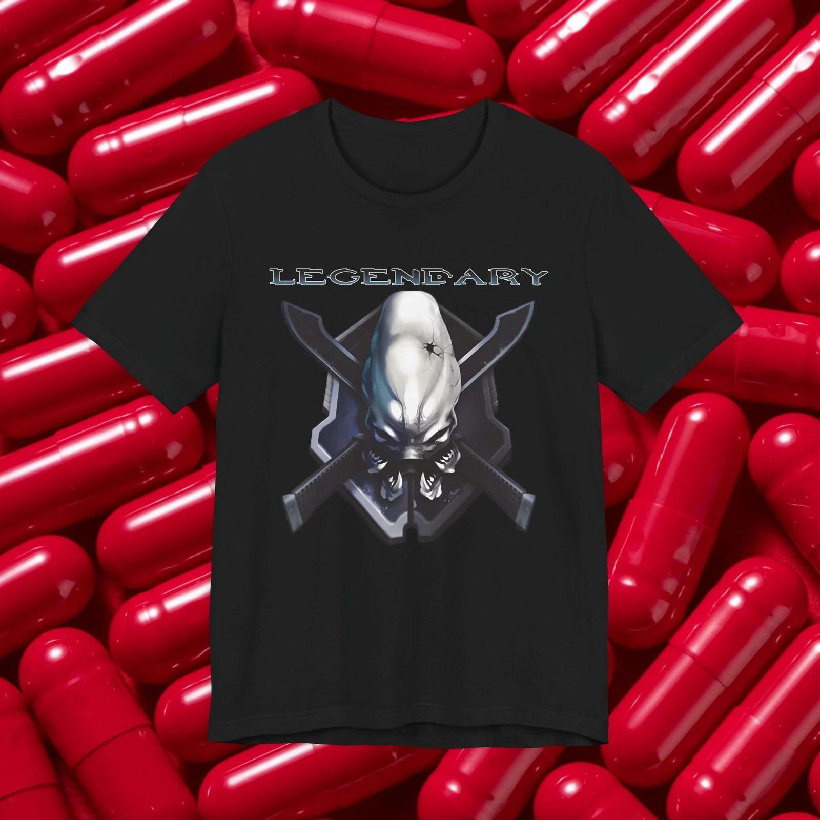 Legendary Text Elite Skull Halo T-shirt | Crossed Swords Gamer FPS Graphic Tee 3XL