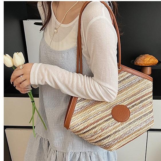 2025 New Rainbow Straw Woven Heart Texture Casual Fashion Large Capacity Vegetable Basket Handbag Tote Bag