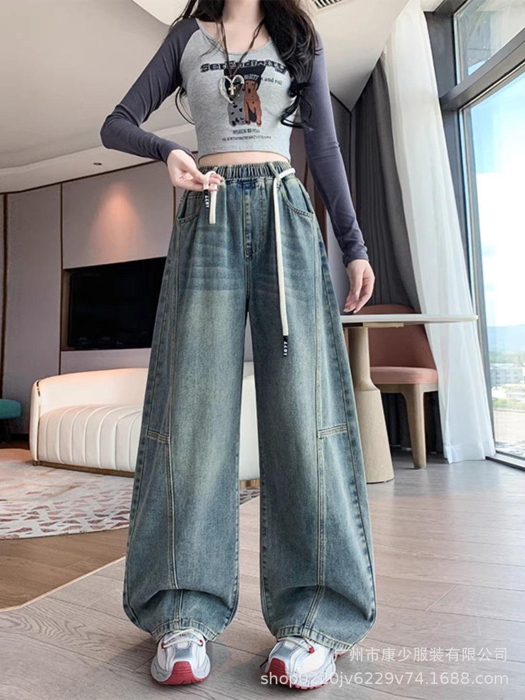 

Women s Plus Size High Waist Wide Leg Retro Jeans - Spring & Autumn Casual Straight Fit L (105-122 lbs) синий