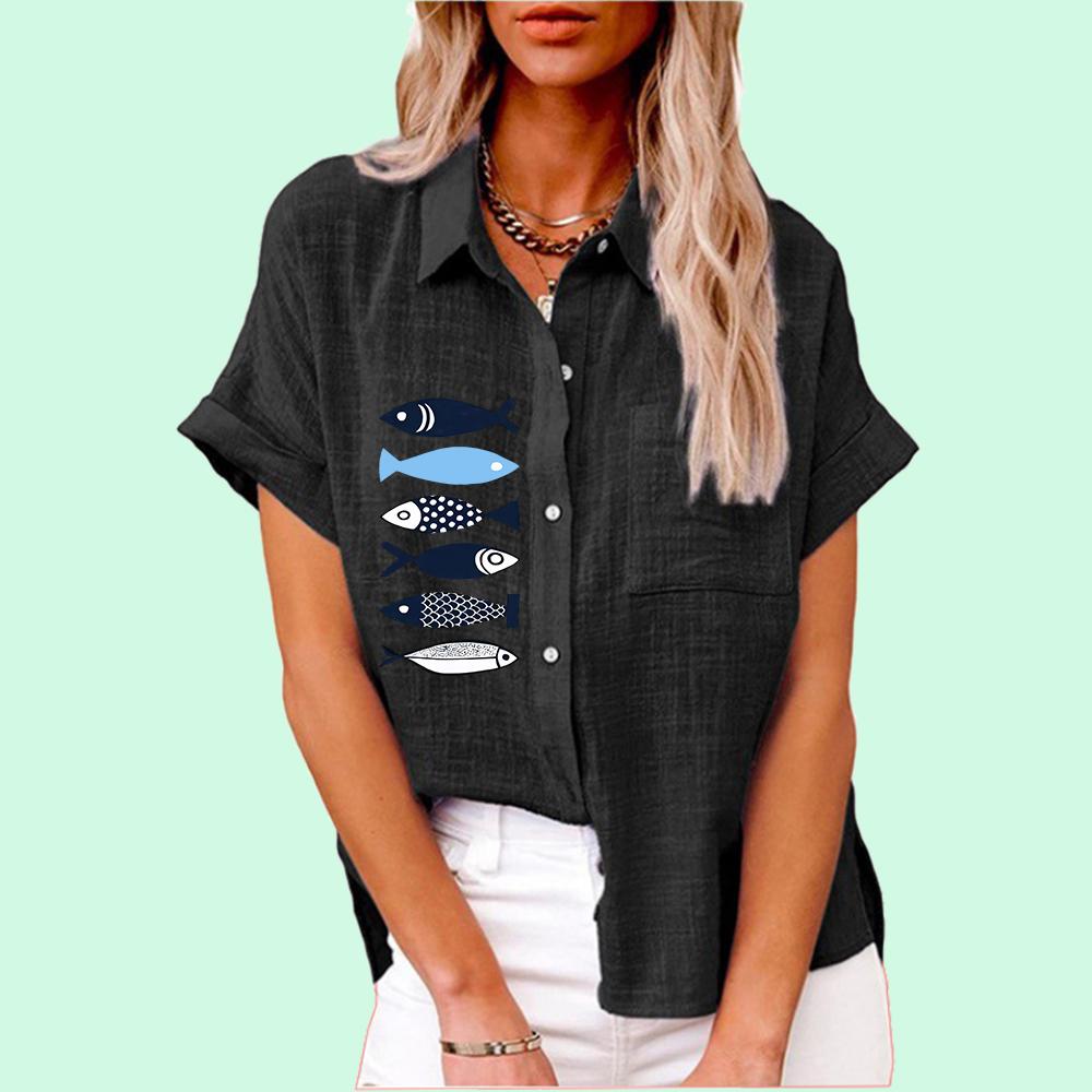 Tricou cu imprimeu de pește la modă pentru femei, ocazional de vară și toamnă, tricou cu guler cu rever, bluze de in cu mânecă scurtă, cu buzunar