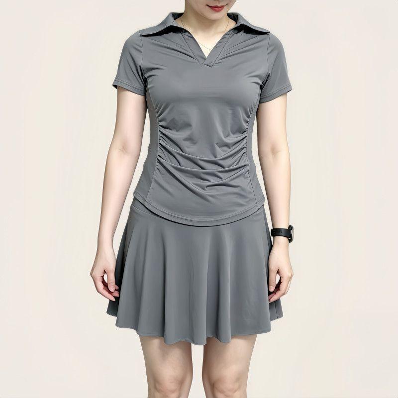 Womens Quick-Dry Yoga Tennis Skirt Set Short Sleeve Breathable Fitness Outfit Slimming Waist-Cinched Skort