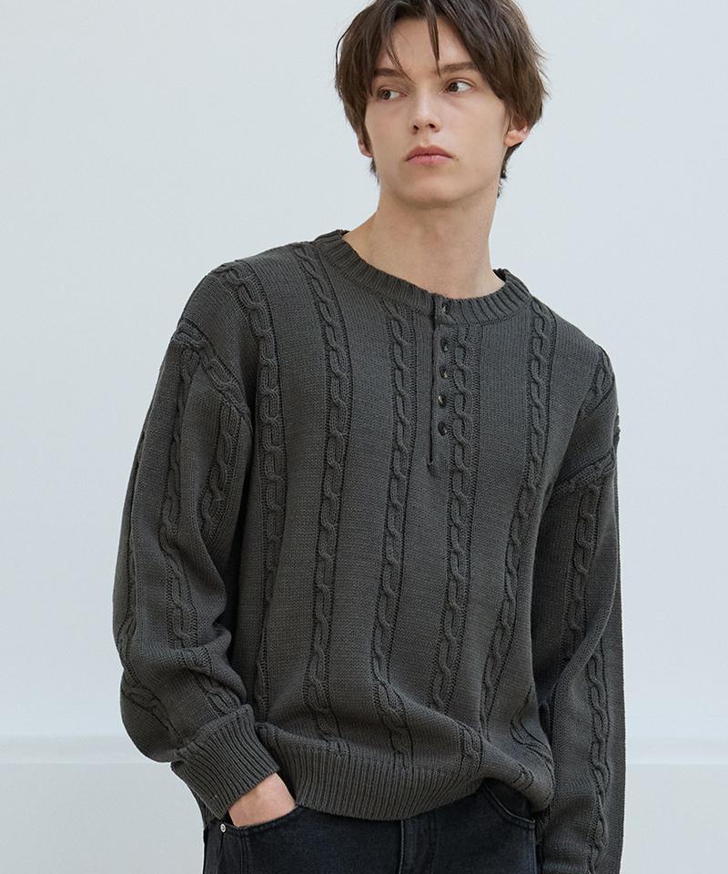 Nod You Mild Henley Neck Round Knit T-Shirt [Charcoal] M