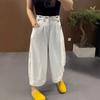 Damen Übergröße Locker geschnittene Weitbein-Hose mit Vierreihen-Knopfdesign und Neun-Zoll-Denim