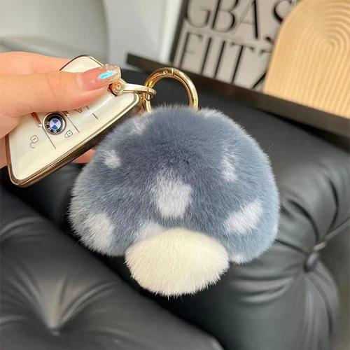 Wholesale Cute Mushroom Real Rex Rabbit Fur Key Chains Girls Schoolbag Toy Pendant  Women Bag Charm Ornaments Car Keyring Gift